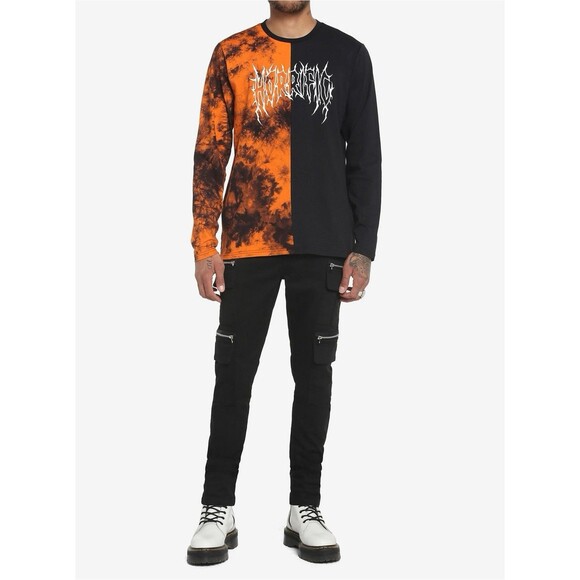 Hot Topic Black & Orange Horrific Split Wash Long-Sleeve T-Shirt Adult Small - Picture 4 of 9